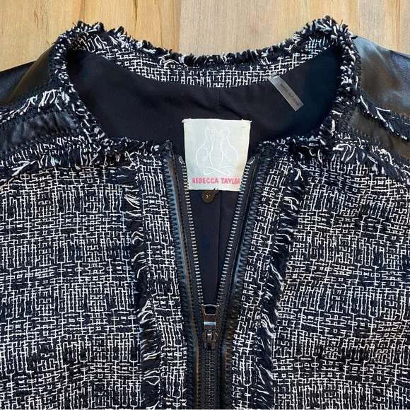 REBECCA TAYLOR Sz 4 Black/White Tweed Zip Lined Jacket Lamb Leather Accents - Picture 13 of 16